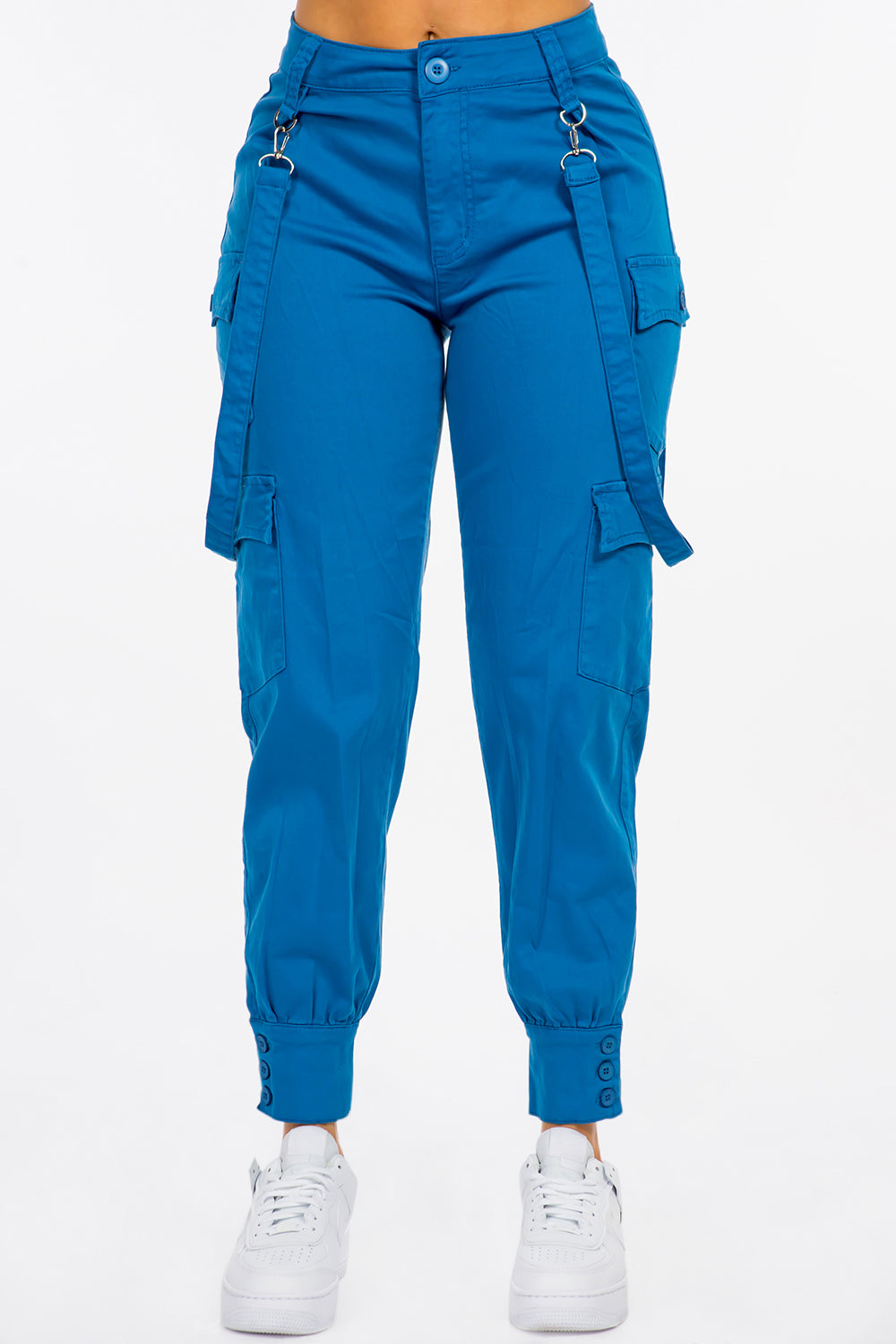 Women's High Waist Washed Cargo Pants With Suspenders | Love Moda