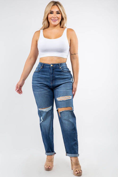 High Rise Distressed Boyfriend Jeans - Plus Size