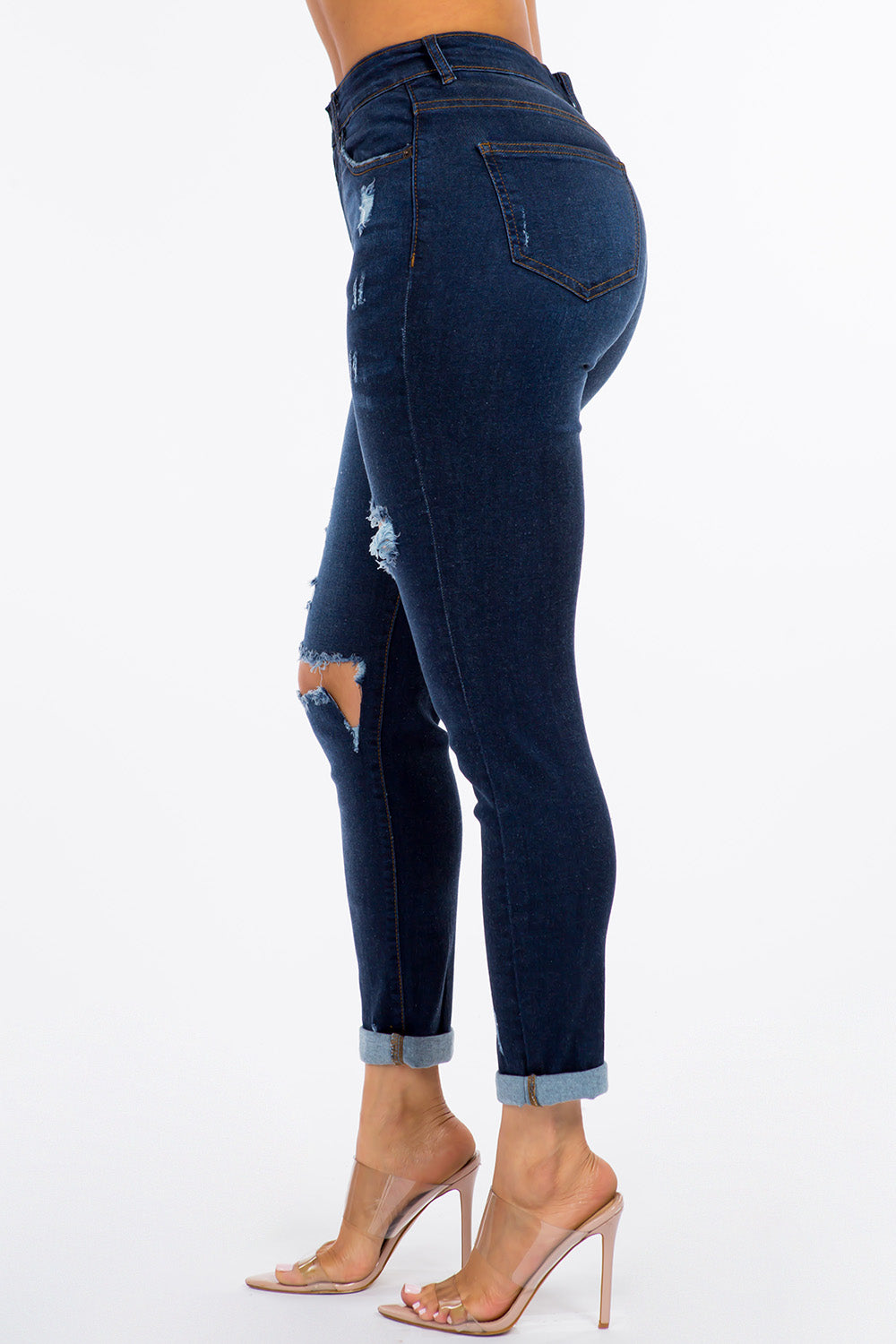 Premium Modal High Waist Distressed Girlfriend Stretch Jeans