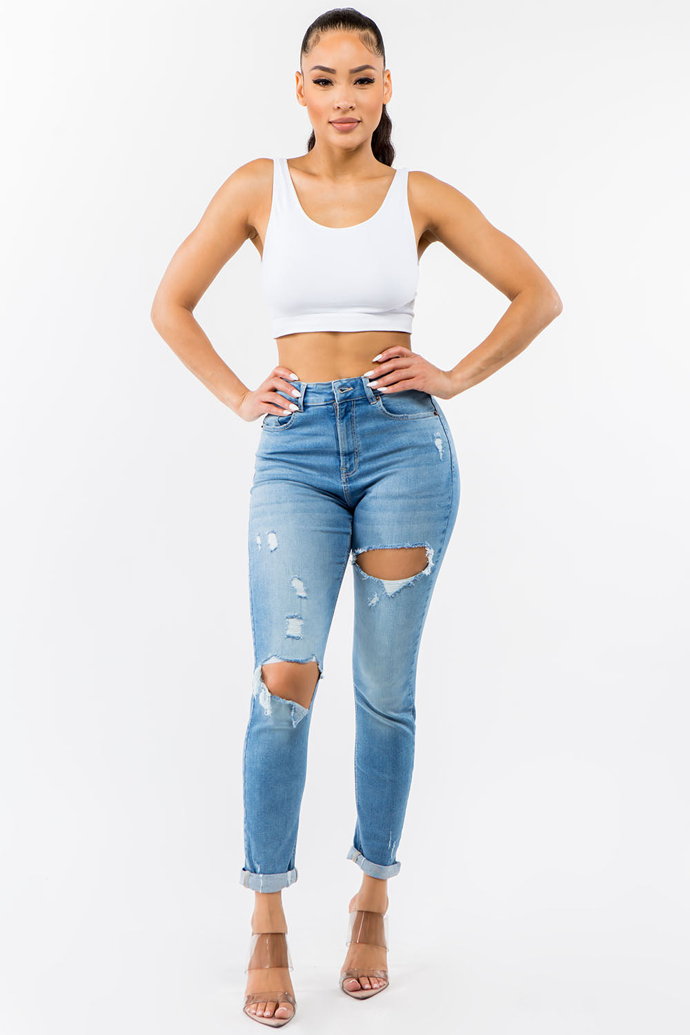 Premium Modal High Waist Distressed Girlfriend Stretch Jeans