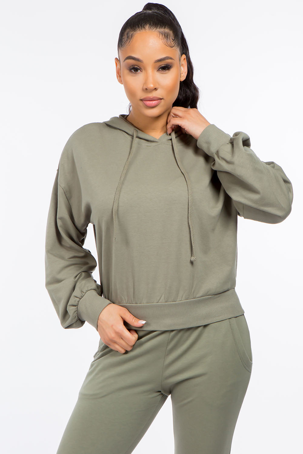 French Terry Long Balloon Sleeve Crop Hoodie