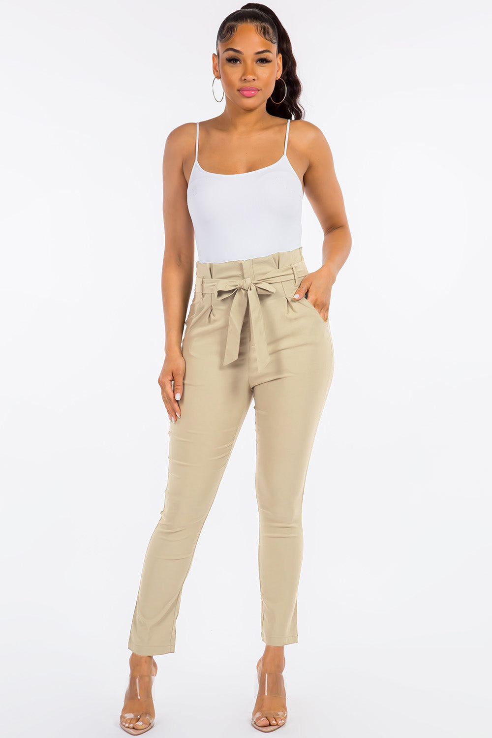High Rise Paper Bag Waist Bow Tie Pants With Spandex