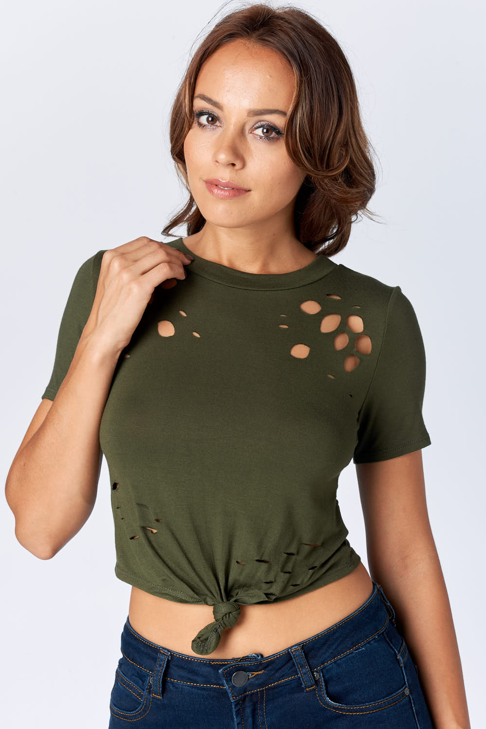 Short Sleeve Crop Top With Holes