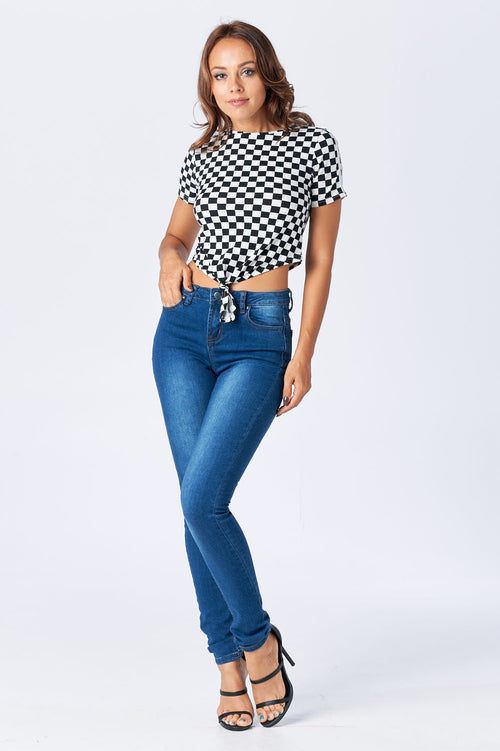 Cropped Short Sleeve Top With Knot And Checkered Pattern  l  LoveModa