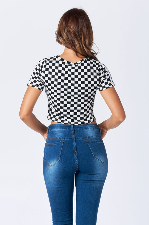 Cropped Short Sleeve Top With Knot And Checkered Pattern  l  LoveModa