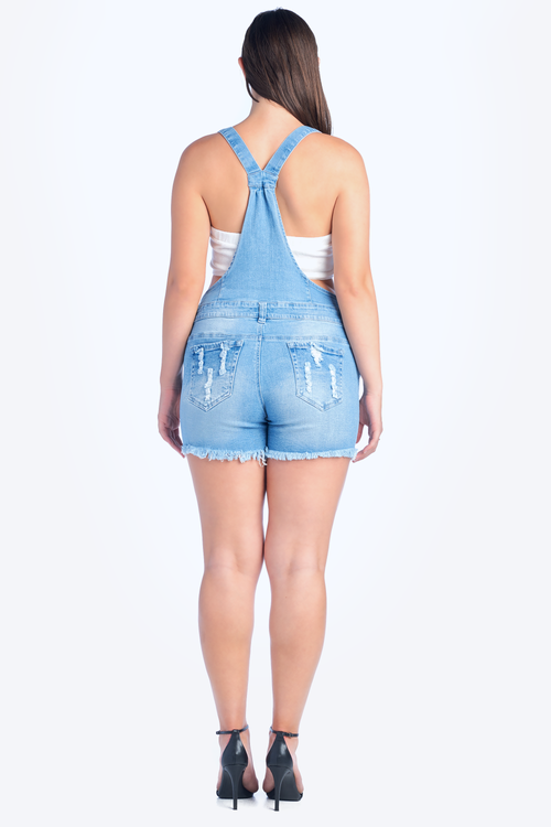 Distressed Denim Overall Shorts - Plus Size
