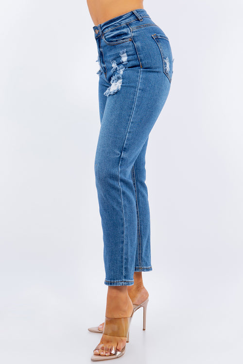 High Waist Authentic Wash Distressed Straight Jeans