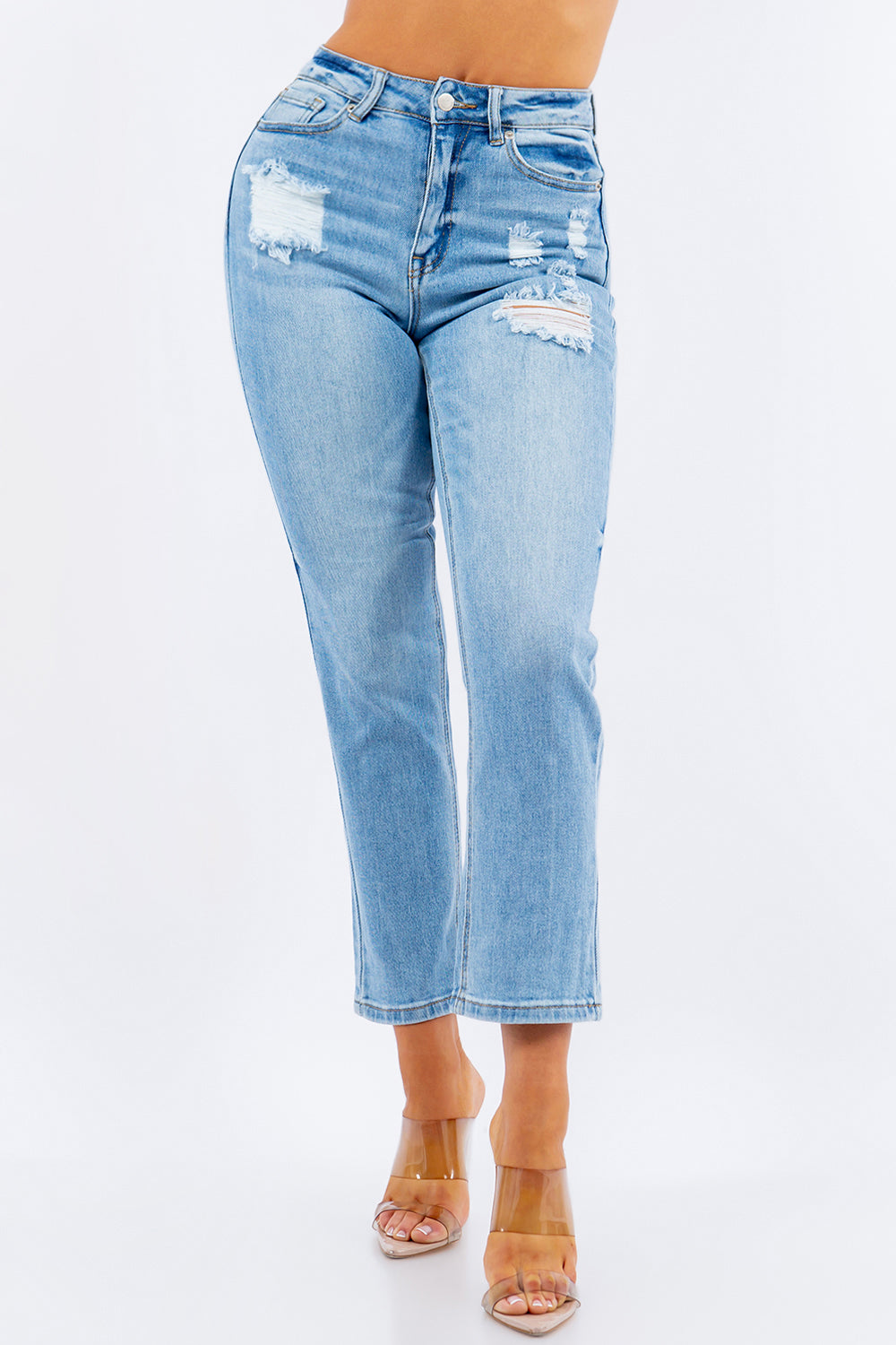 High Waist Authentic Wash Distressed Straight Jeans