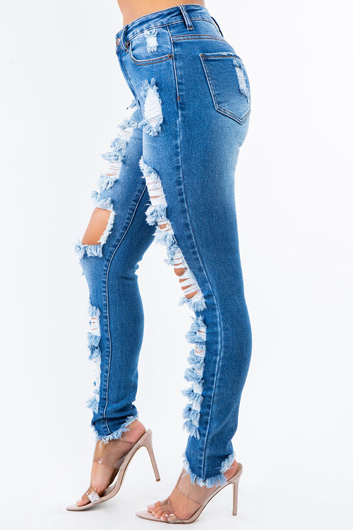 High Rise Destroyed Denim Skinny Jeans