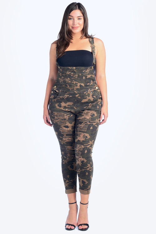 Distressed Front Skinny Overalls - Plus Size