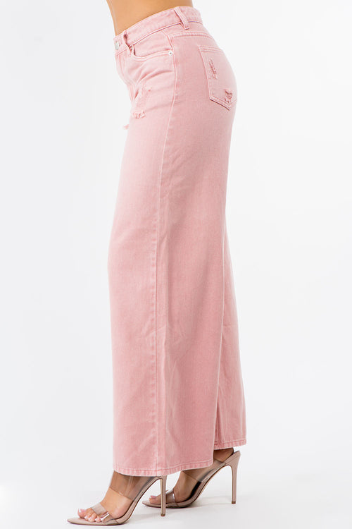 High Waist Distressed Colored Denim Wide Pants