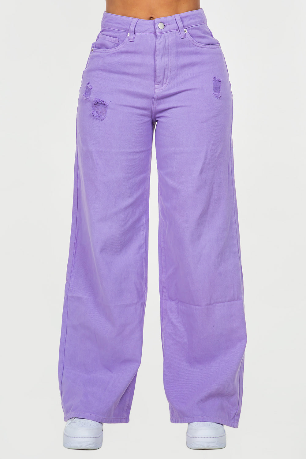 High Waist Distressed Colored Denim Wide Pants