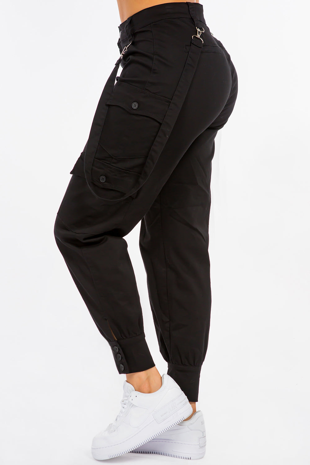 High Waist Washed Cargo Pants With Suspenders