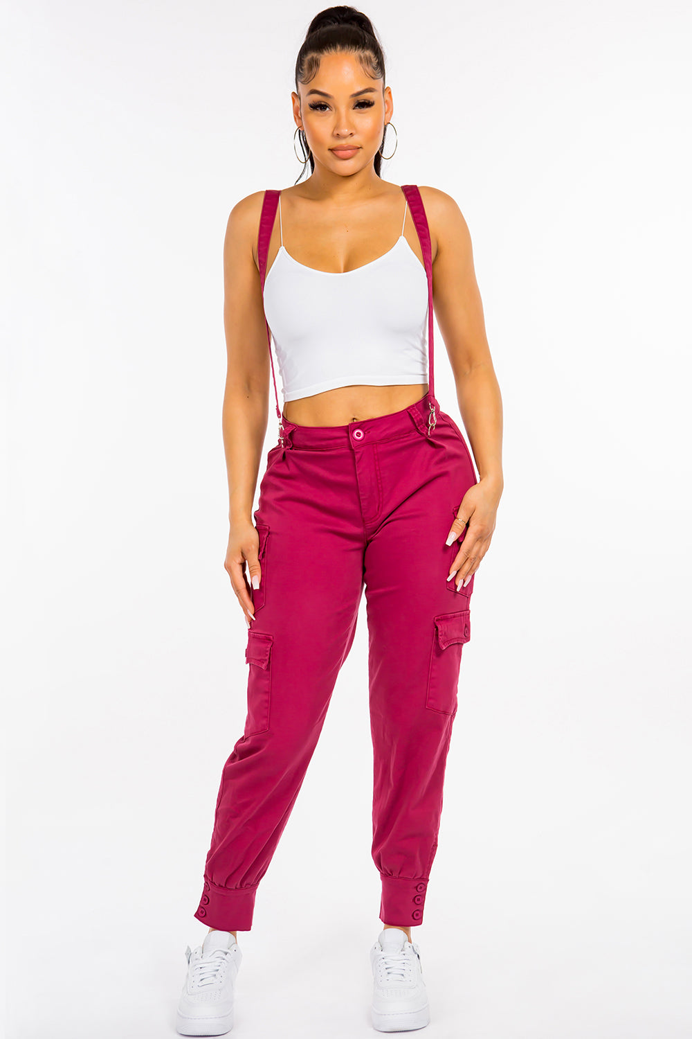 High Waist Washed Cargo Pants With Suspenders