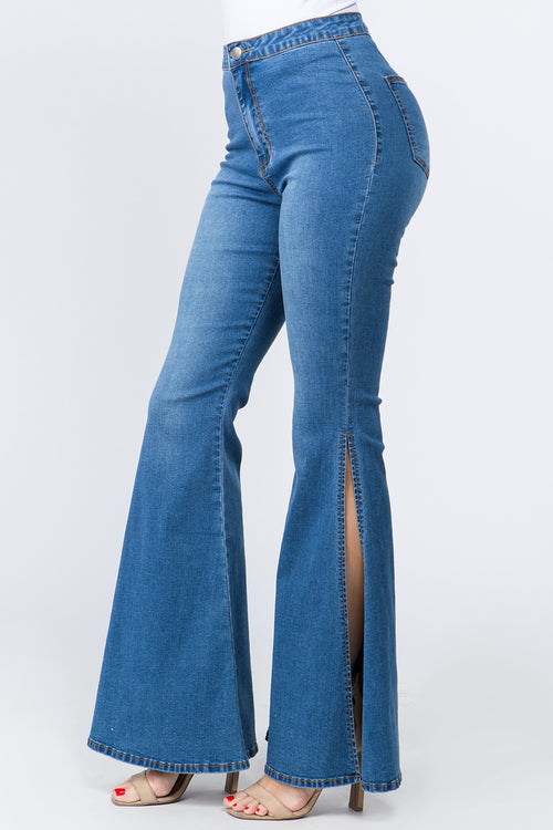 High Rise Flared Trim Side Slit Bell Bottom Skinny Jeans