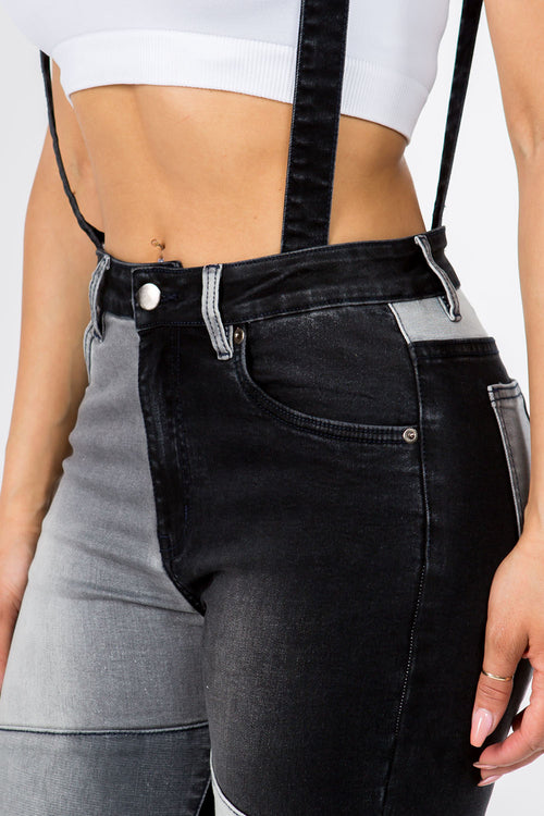 Patchwork Slim Flare Jeans With Suspenders