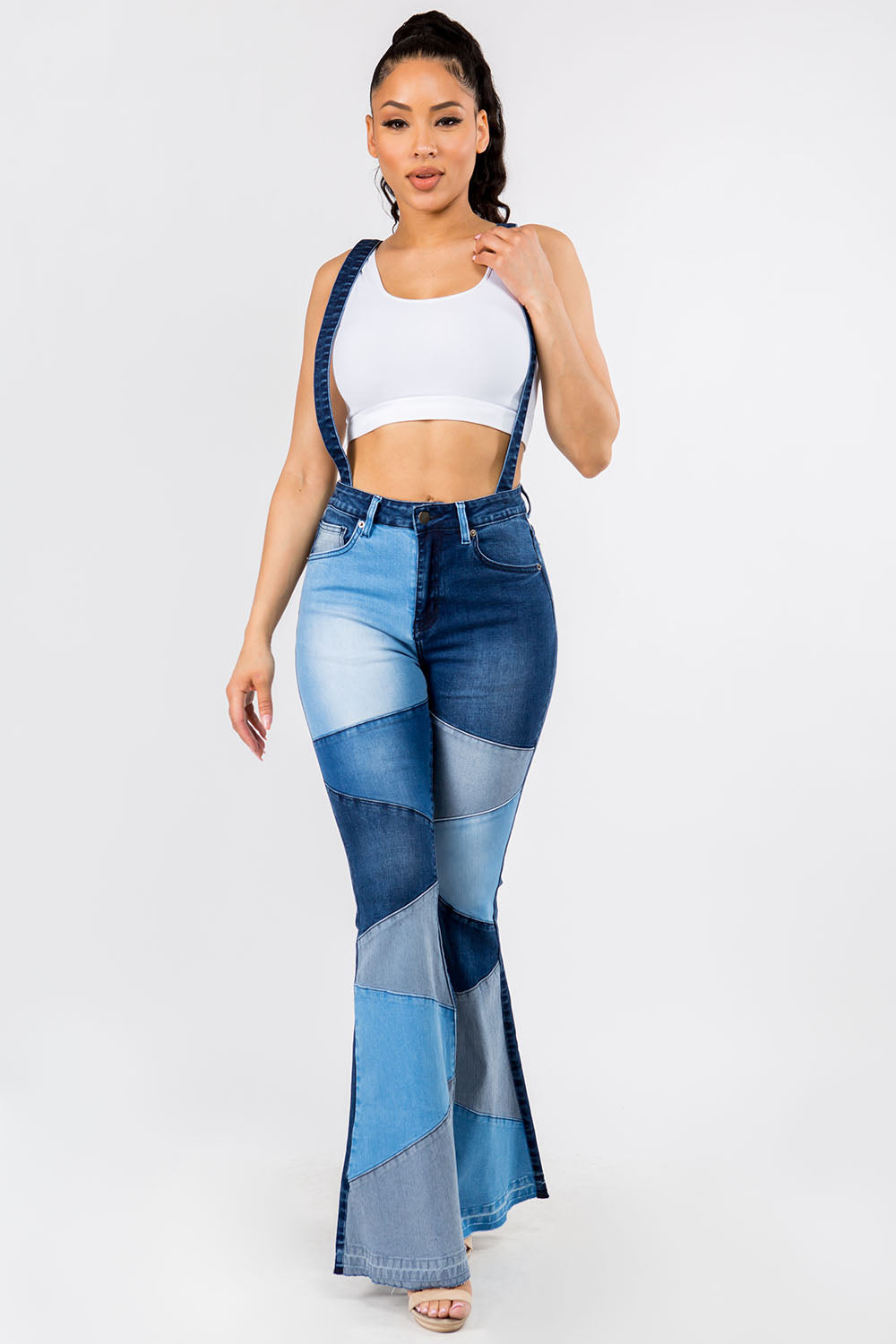 Patchwork Slim Flare Jeans With Suspenders