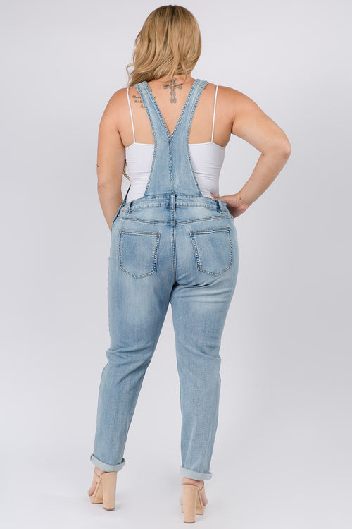 Distressed Light Blue Skinny Overalls - Plus Size