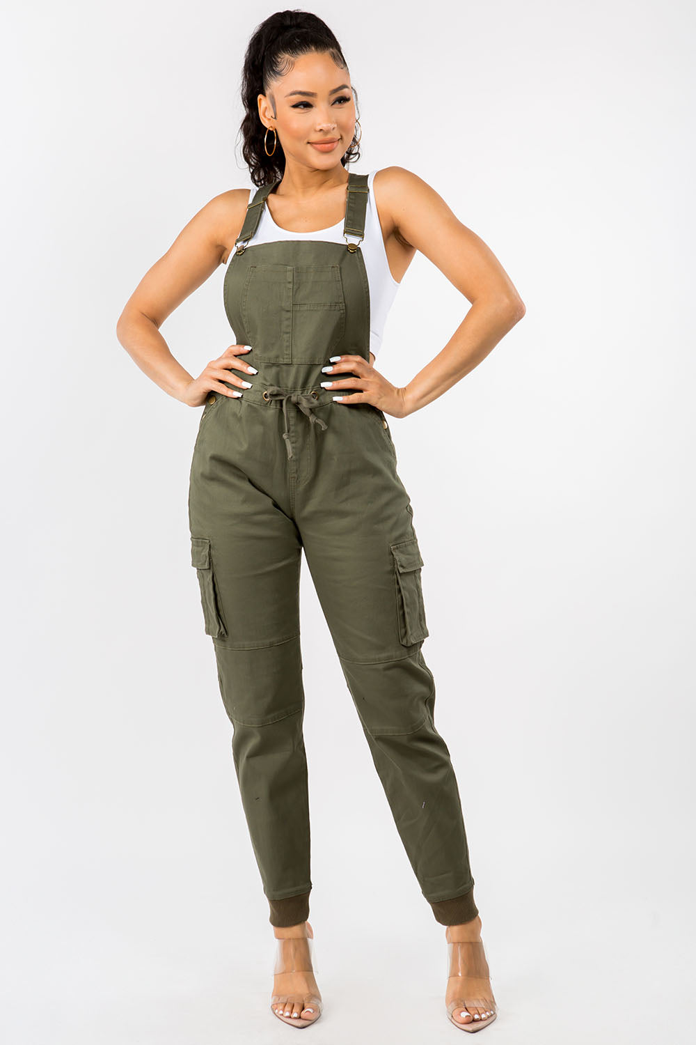 Relaxed Full Length Cargo Overalls w/ Drawstring Waist - Plus Size
