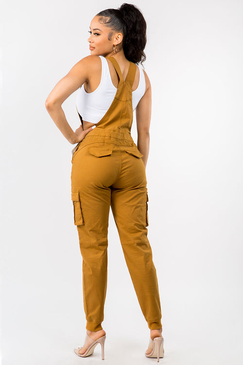 Relaxed Full Length Cargo Overalls w/ Drawstring Waist - Plus Size