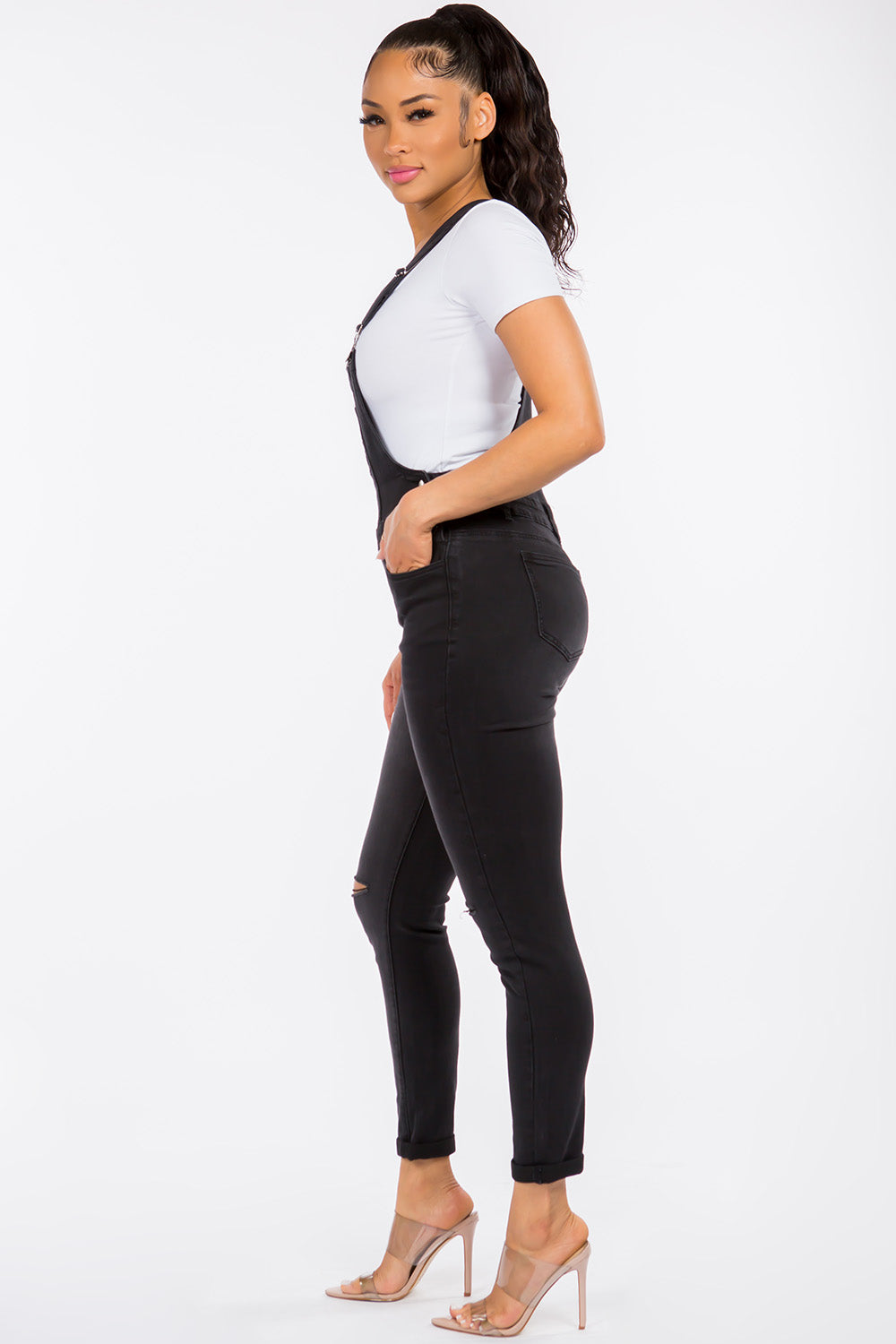 Women's Denim Knee Slit Skinny Stretch Overalls