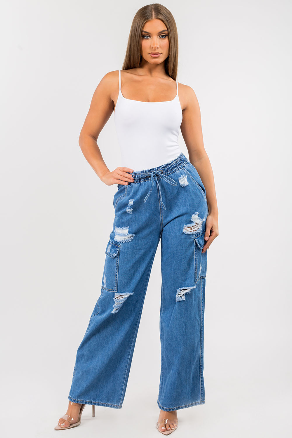 High Waist Banded Distressed Wide Leg Pants