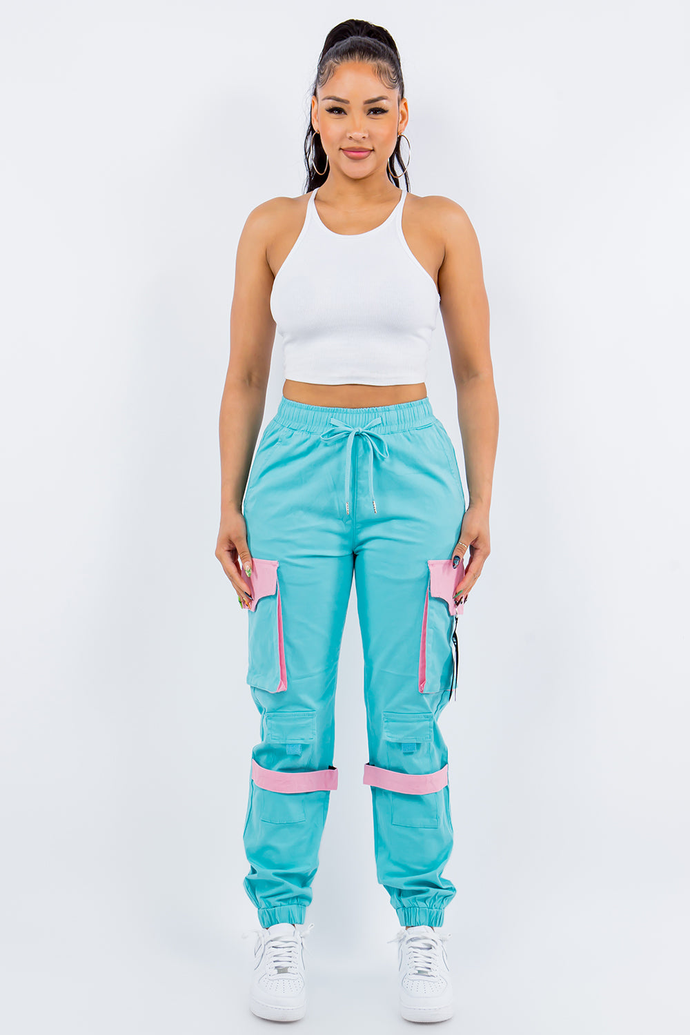 High Waist Colored Cargo Jogger Pants With Utility Pockets
