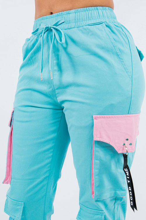 High Waist Colored Cargo Jogger Pants With Utility Pockets
