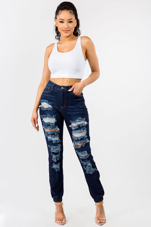High Waisted Distressed Denim Joggers