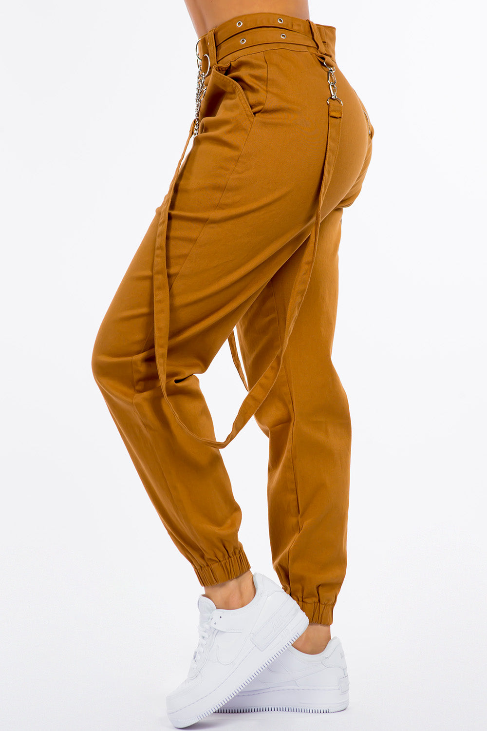 High Waist Suspender Jogger Pants With Chains