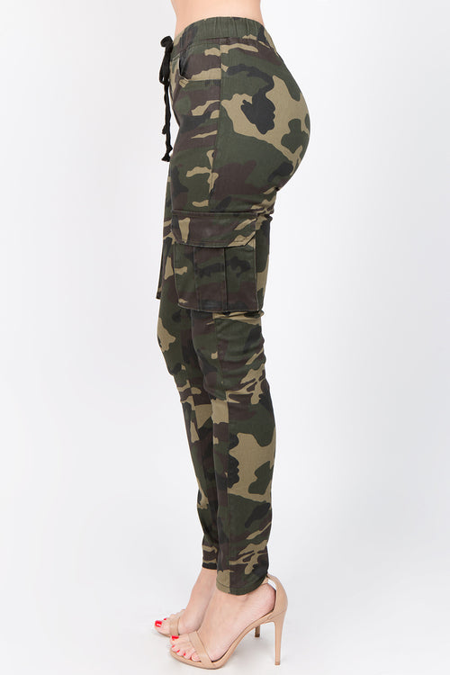Color Camo Printed Cargo Joggers with Drawstrings