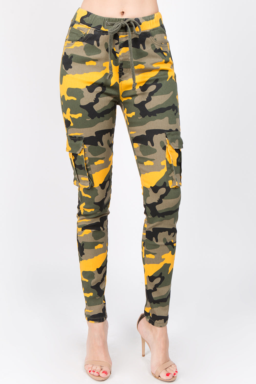 Color Camo Printed Cargo Joggers with Drawstrings