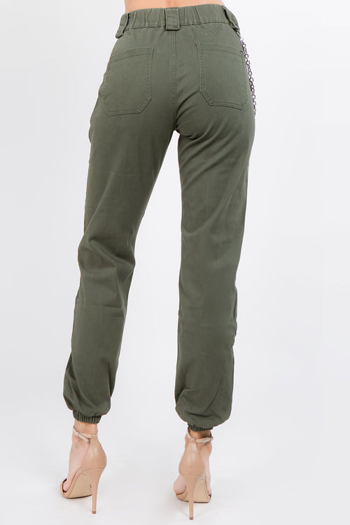 High Rise Stretch Cargo Joggers With Chain