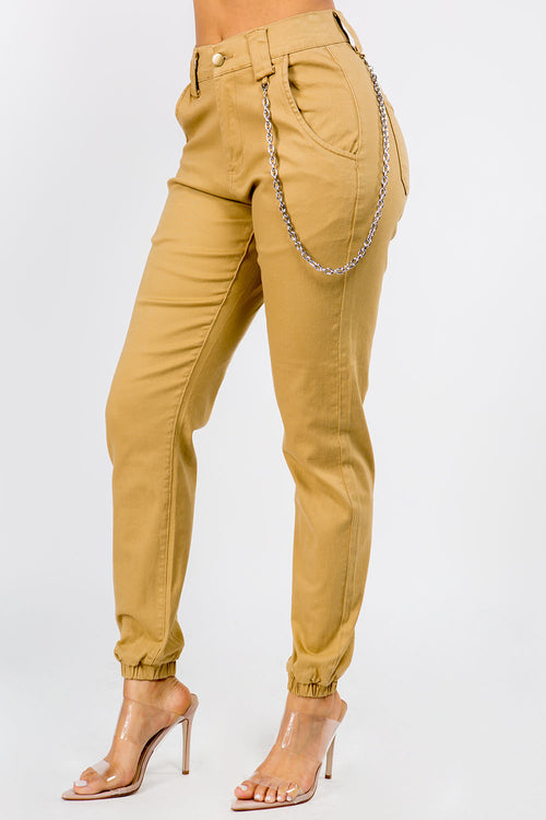 High Rise Stretch Cargo Joggers With Chain