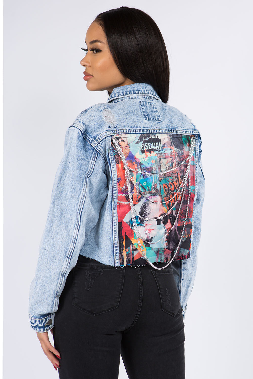 Cropped Denim Jacket With Chains
