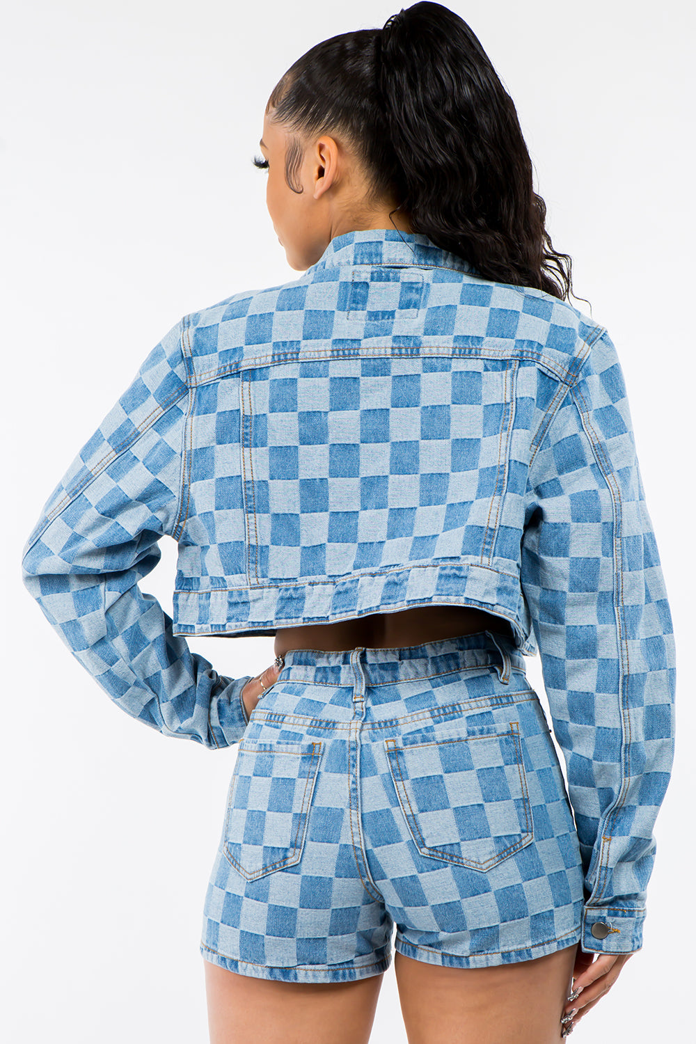Checker Print Cropped Jacket & Short Set