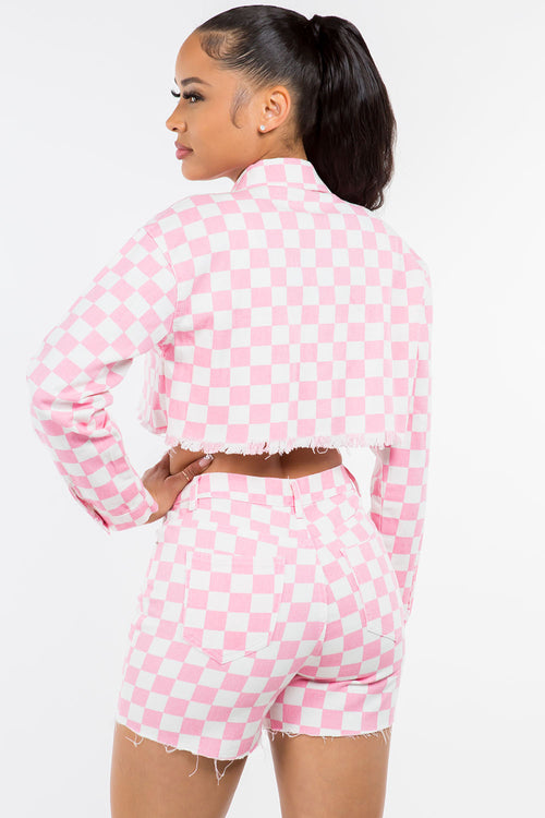 Checker Pink Print Cropped Jacket & Short Set | Love Moda – LOVE MODA