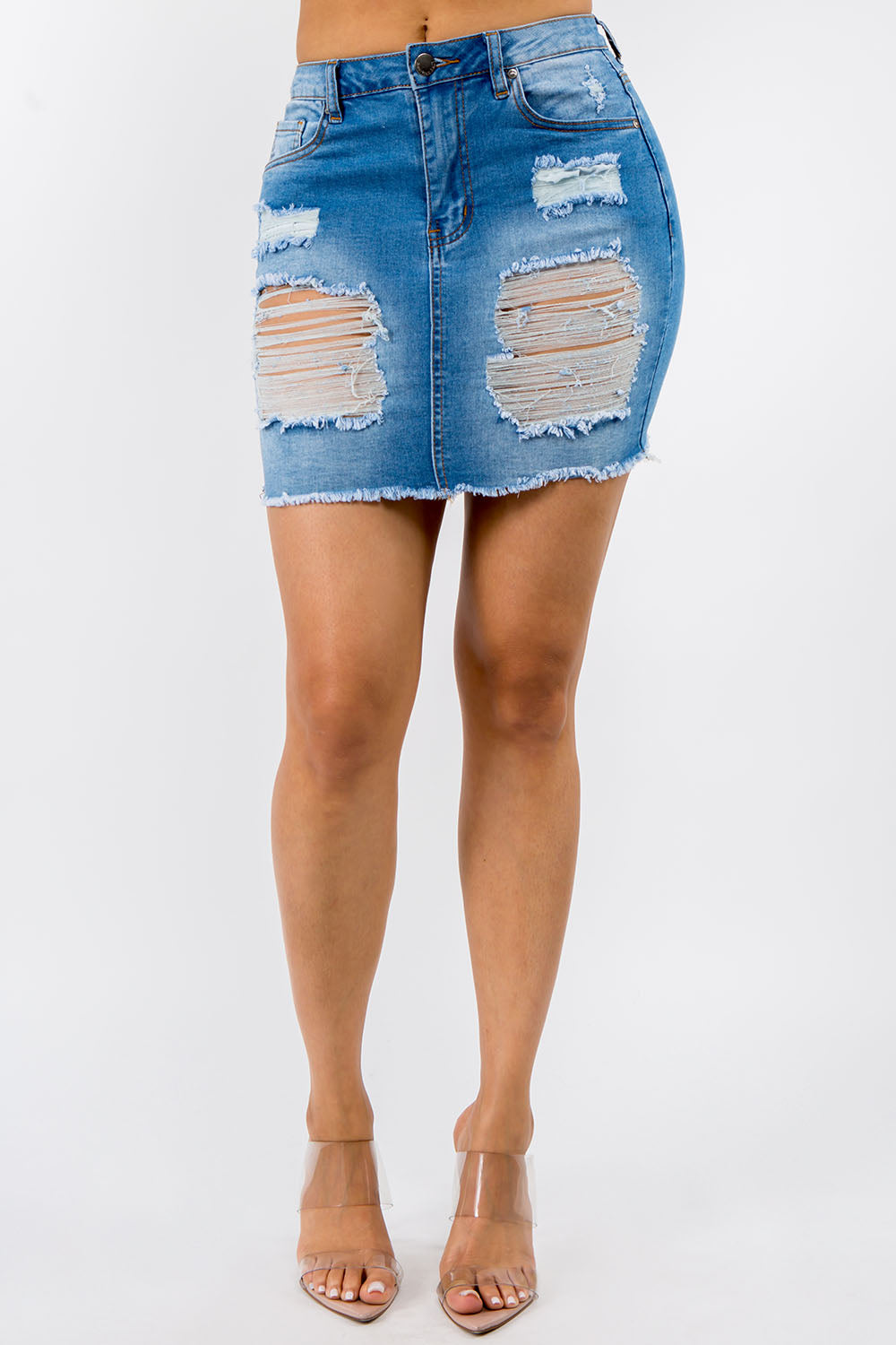 Destroyed Hem Frayed Side Lace-Up Denim Skirt