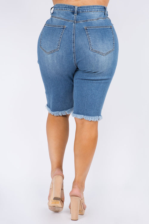 High Rise Skinny Distressed Denim Bermuda Shorts - Plus Size