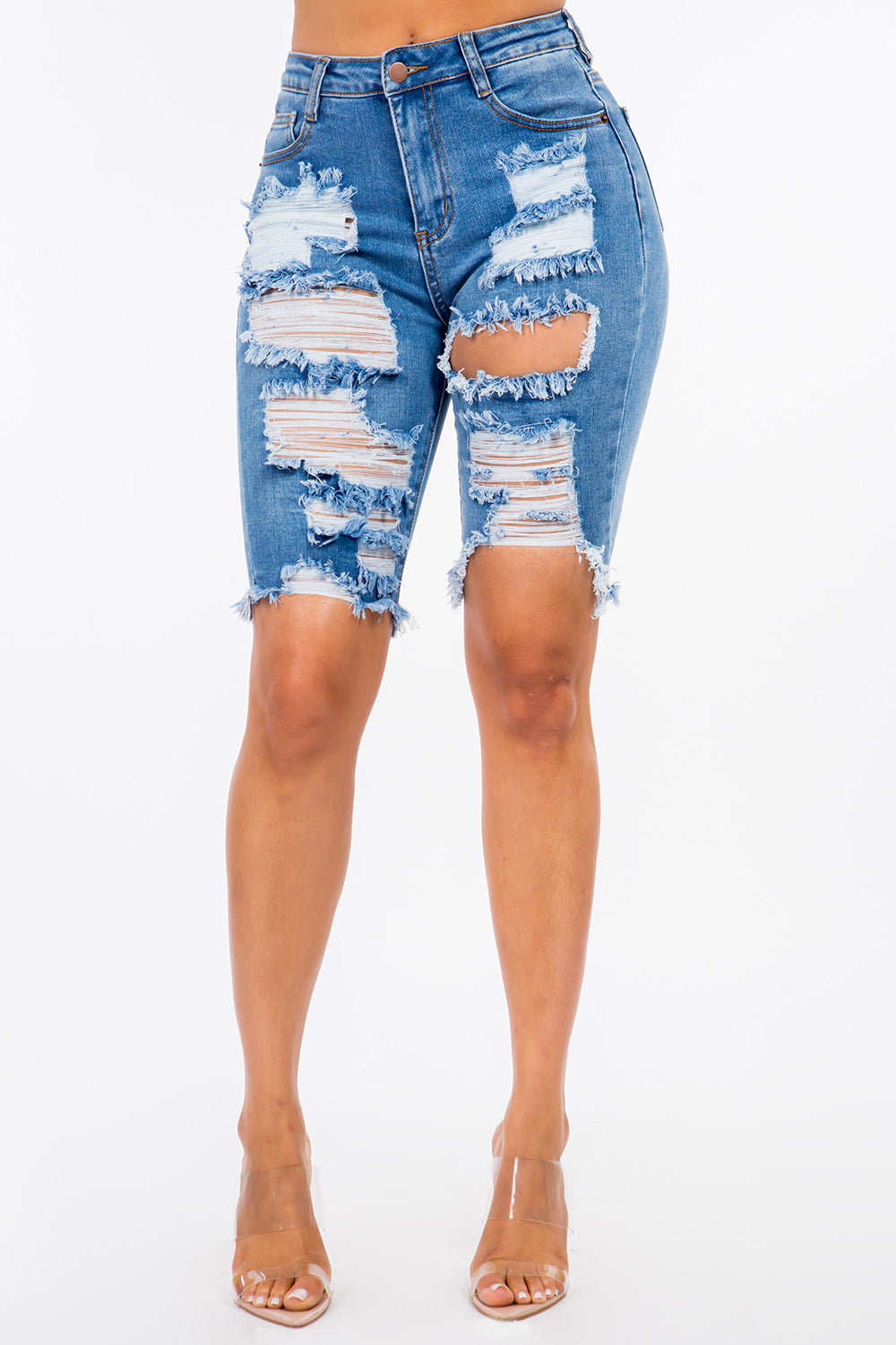High Rise Skinny Distressed Denim Bermuda Shorts