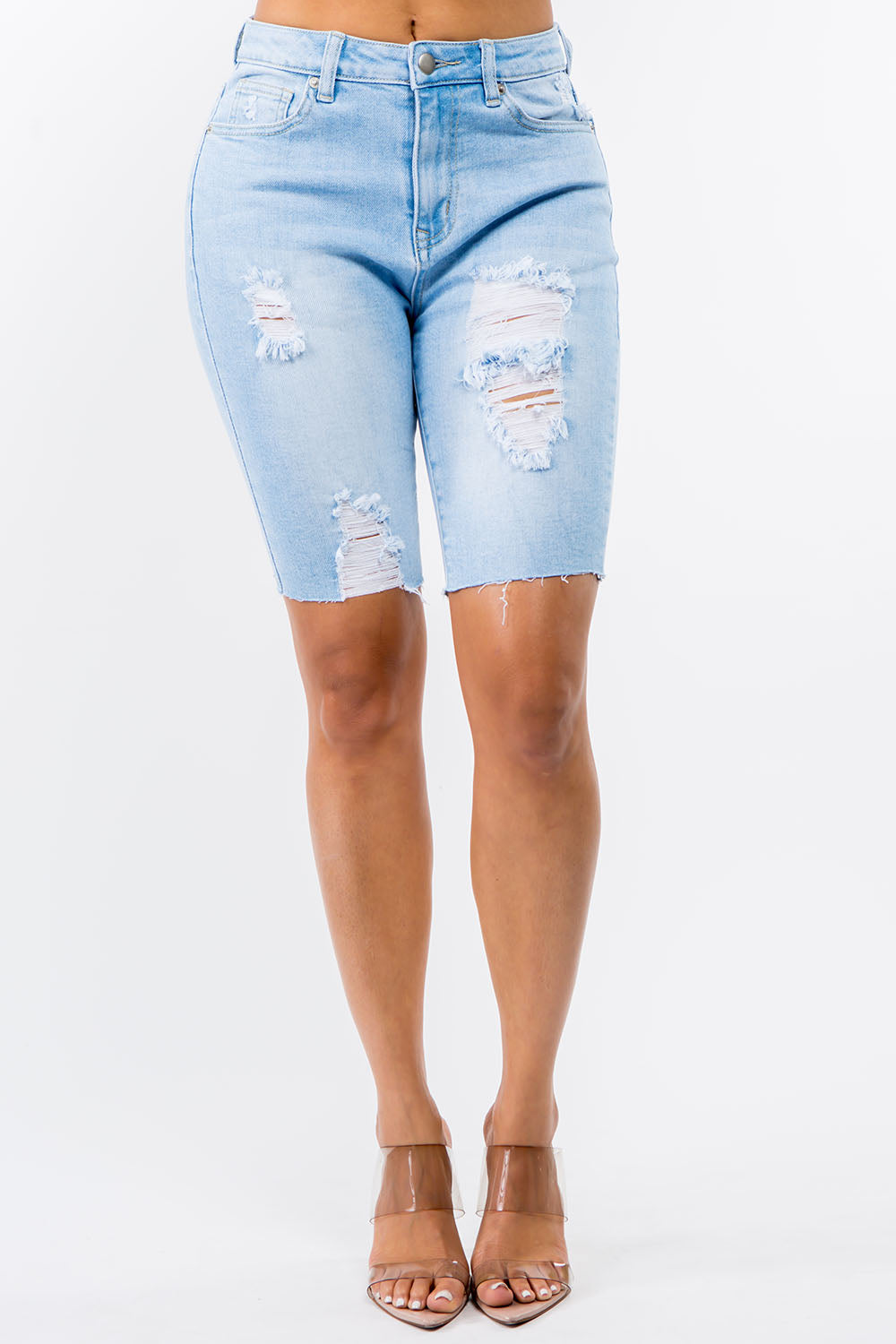 Distressed Denim Skinny Bermuda Shorts