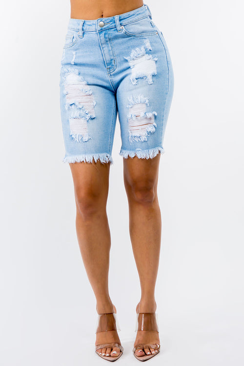 High Rise Distressed Denim Shorts - Plus Size