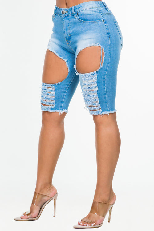 High Rise Destroyed Skinny Bermuda Shorts