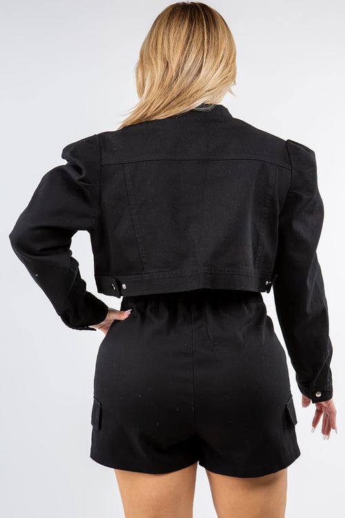 Puff Sleeve Black Jacket & Wrap Skort Set - Plus Size