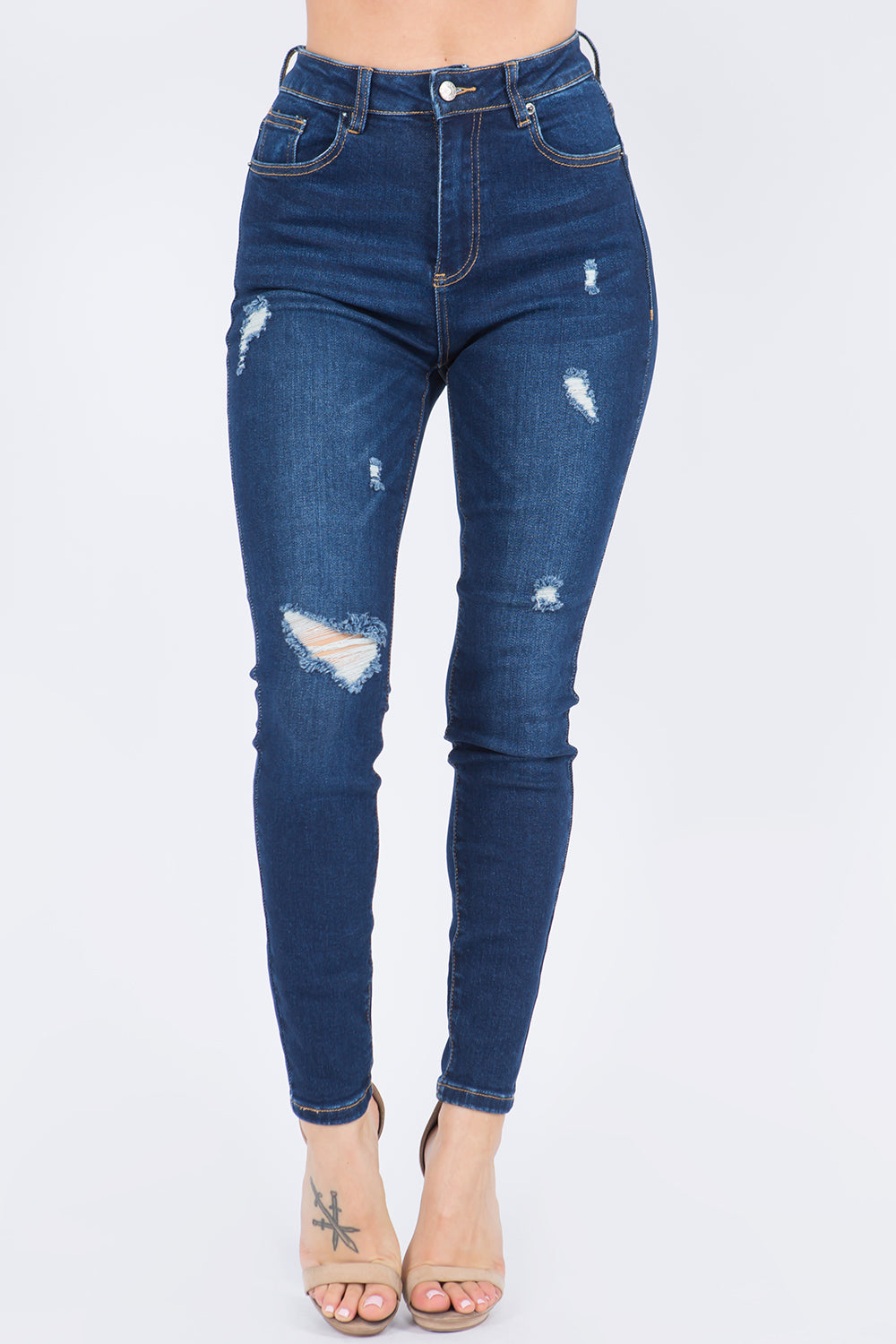 High Rise Distressed Denim Skinny Jeans