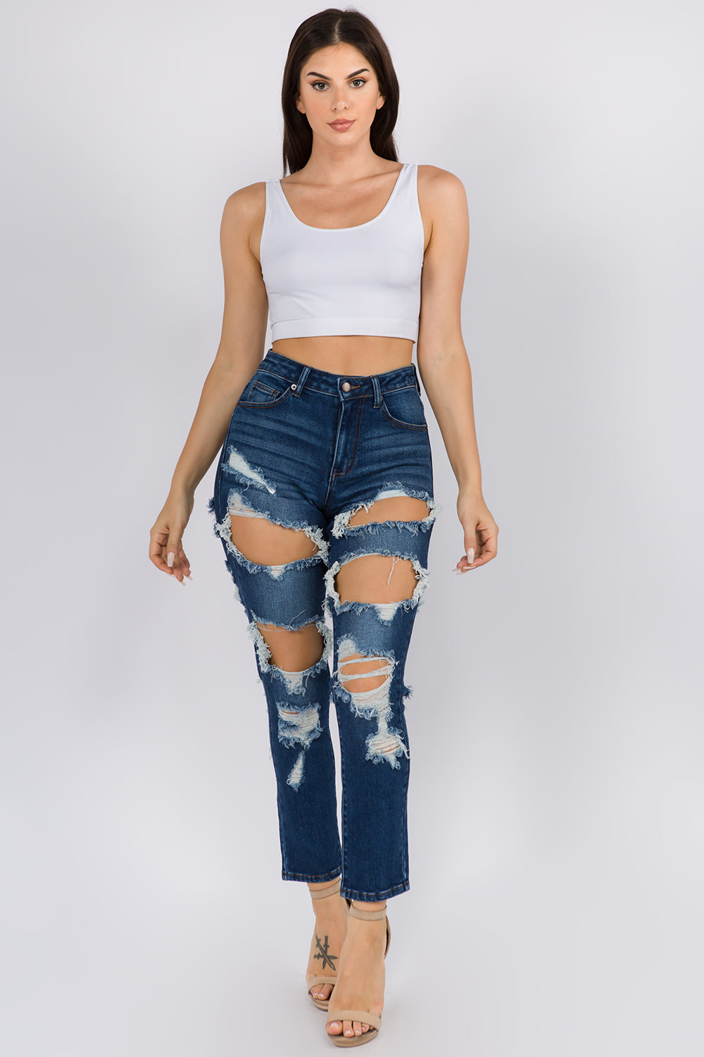 High Rise Destroyed Straight Jeans
