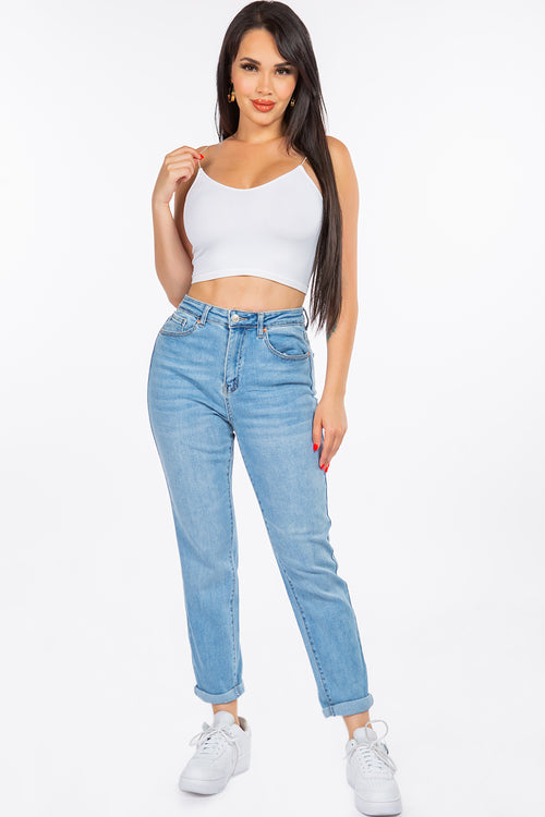 High Rise Rolled Cuff Mom Jeans